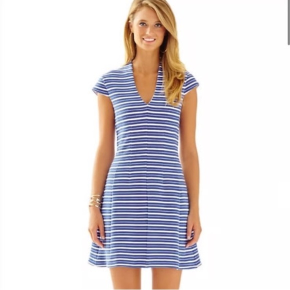 Lilly Pulitzer bree bay Blue Striped Midi Dress v neck fit and flare - Picture 2 of 13